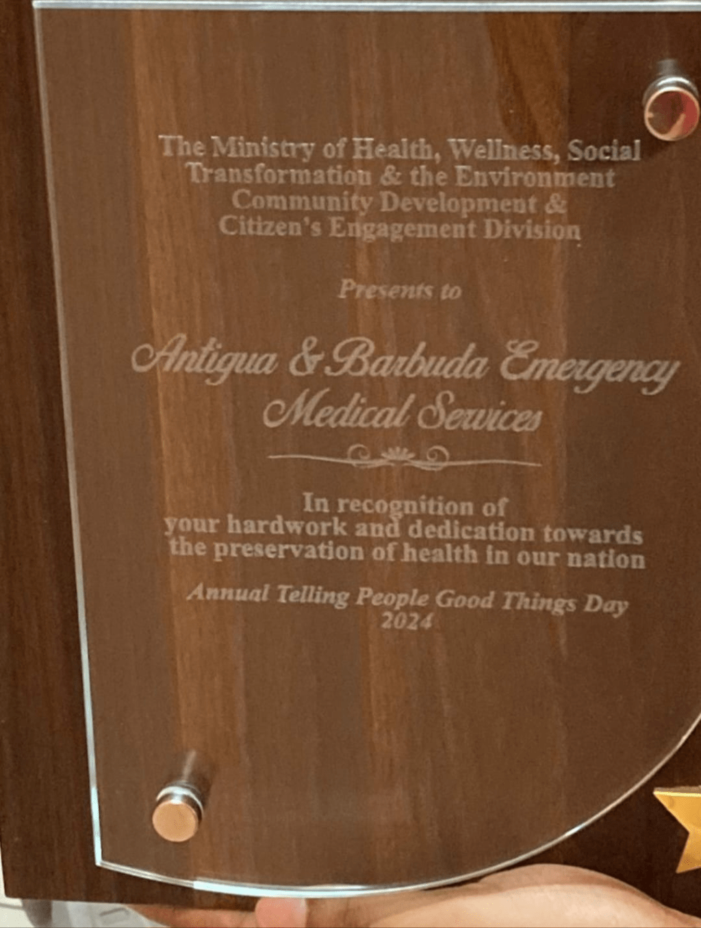 Ministry Of Social Transformation Recognizes Antigua And Barbuda Emergency Medical Services For Outstanding&nbsp;Dedication